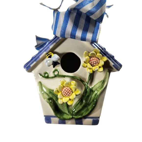 Vintage Mudpie Birdhouse Handpainted Flowers Bee blue yellow cottagecore spring - Picture 4 of 6